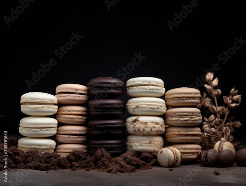  a pile of assorted macaroons sitting on top of a pile of dirt next to a sprig of dry grass and a sprig of dead plant.
