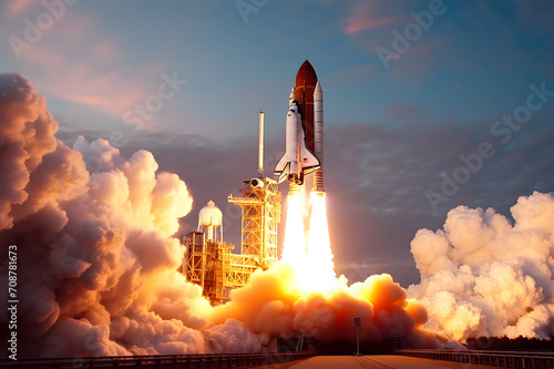 Space rocket taking off into the sky. Concept of business success.