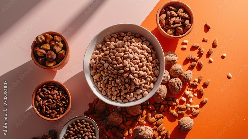 a bowl filled with nuts on top of a table next to two bowls of nuts and a cup filled with nuts on top of a table next to two bowls of nuts. a bowl filled with nuts on top of a table next to two bowls of nuts and a cup filled with nuts on top of a table next to two bowls of nuts.