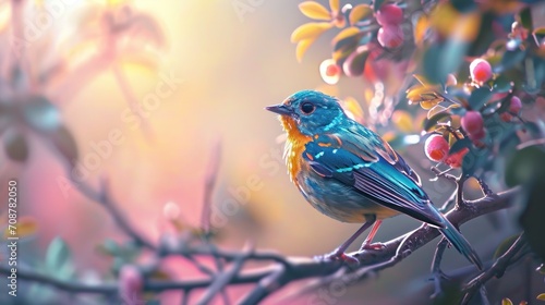  a colorful bird sitting on a branch of a tree with berries in the foreground and a blurry background of leaves and berries in the foreground of the image. © Anna