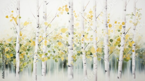  a painting of a group of trees with yellow leaves in the foreground and a white background with green and yellow leaves in the middle of the trees in the foreground.