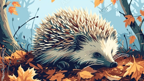  a painting of a porcupine in a forest with autumn leaves on the ground and in the foreground, there is a blue sky and yellow tree with orange leaves in the background. © Anna