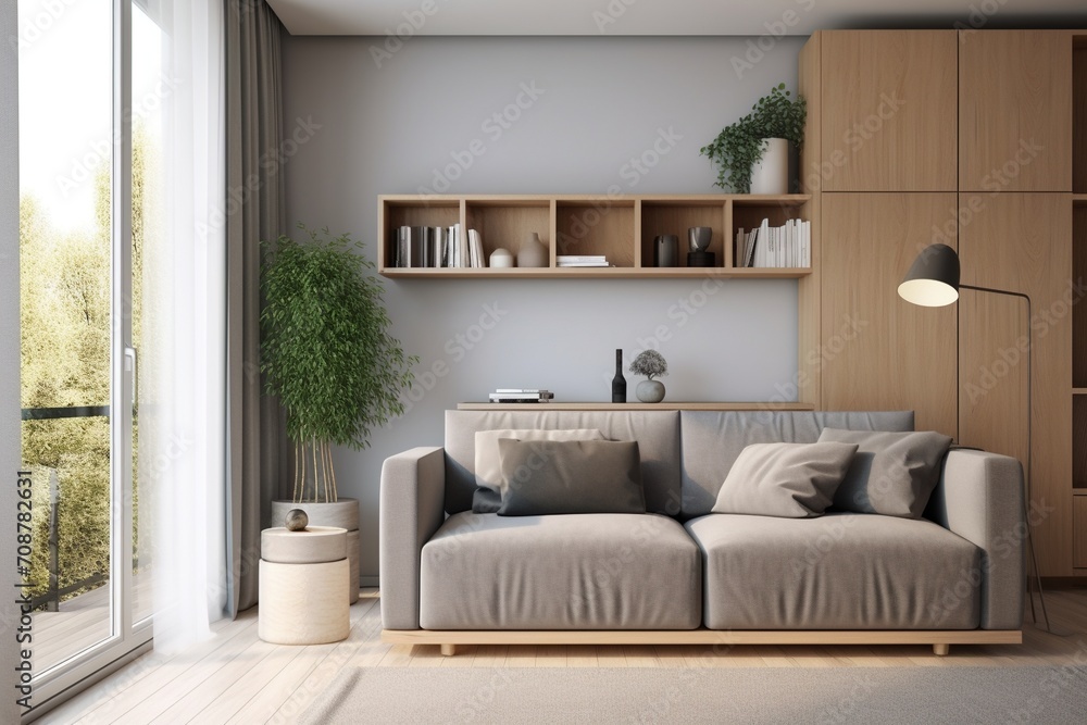 A stylish living room with a large window, plants, and a gray sofa A stylish living room with a large window, plants, and a gray sofa
