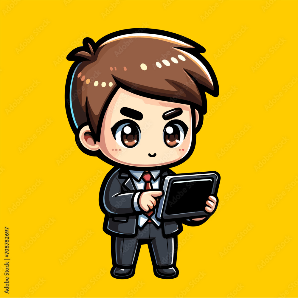 a businessman is operating a tablet, Design a vector illustration featuring a cute cartoon character of a businessman in a suit and tie. a businessman is operating a tablet, Design a vector illustration featuring a cute cartoon character of a businessman in a suit and tie.
