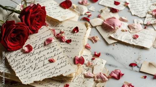  a bouquet of red roses sitting on top of a piece of paper with writing and paper shavings all over it and a rose laying on top of other pieces of paper.