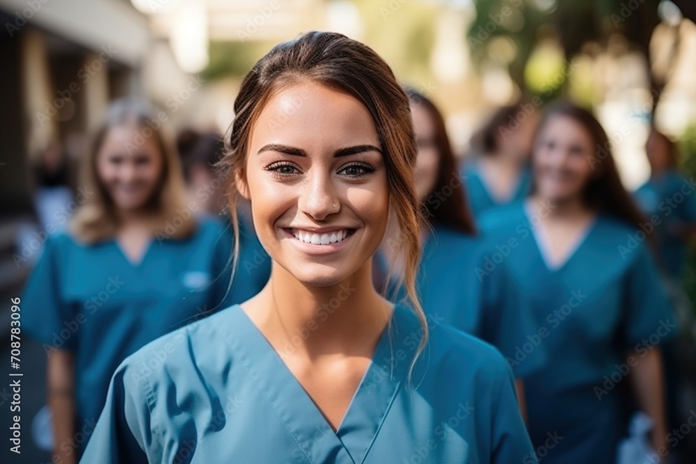 Confident female healthcare professional in blue scrubs smiling at the camera Confident female healthcare professional in blue scrubs smiling at the camera