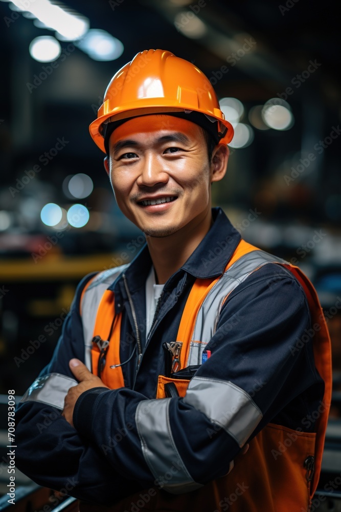 Portrait of a smiling Asian industrial worker wearing a hard hat Portrait of a smiling Asian industrial worker wearing a hard hat