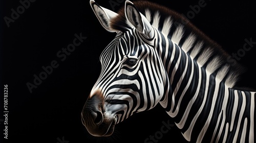  a close up of a zebra s head on a black background with its head turned to the side and it s head turned slightly slightly to the side.