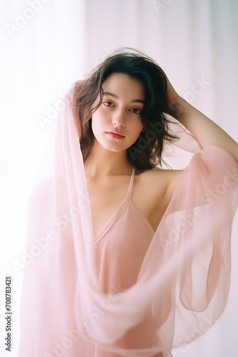 Film photography woman dressed in sheer delicate flowy pink, minimalist soft background, Valentine’s Day concept