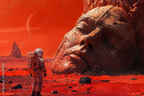 Astronaut standing before the Face on Mars, artist interpretation, ancient aliens, conspiracy theory, cover up, sci fi photo