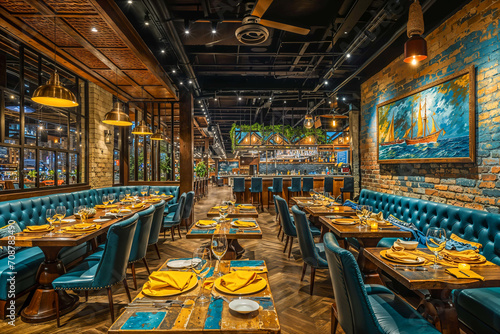 Nautical restaurant interior design, seafood restaurant, blue and yellow, brick wall, leather cushion booths, wood tables and floor, rustic, bar