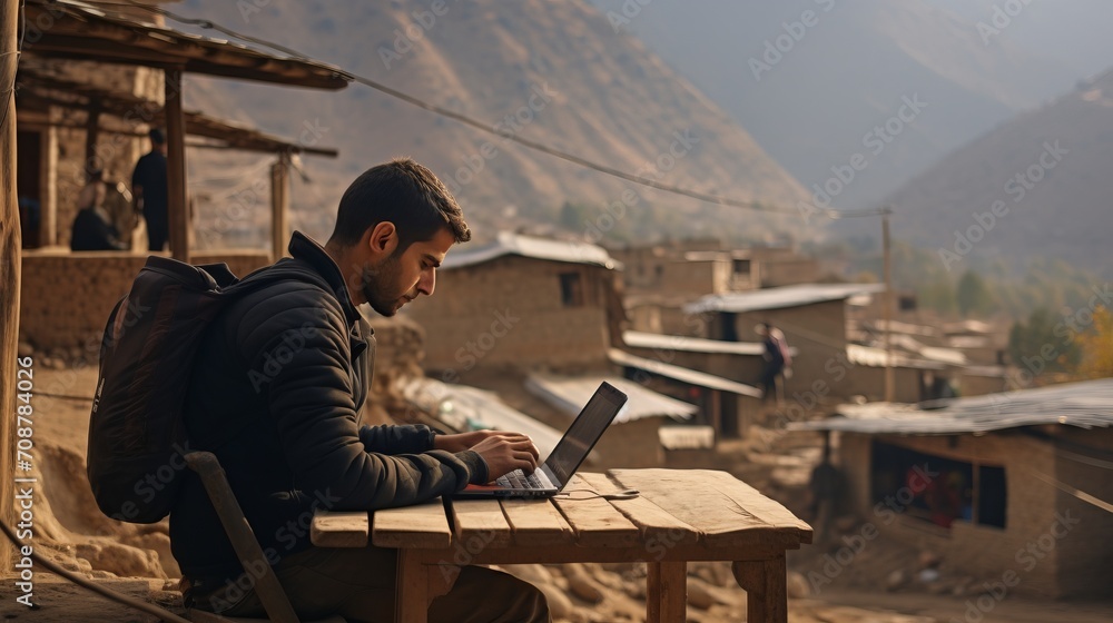 Mountain view remote work man working outdoors on laptop and phone in backyard office Mountain view remote work man working outdoors on laptop and phone in backyard office