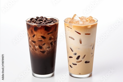 set of black ice coffee and ice latte coffee with milk in tall glass on white background