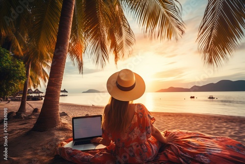 Freelancer working remotely on beach vacation, using laptop for e learning and online connection.