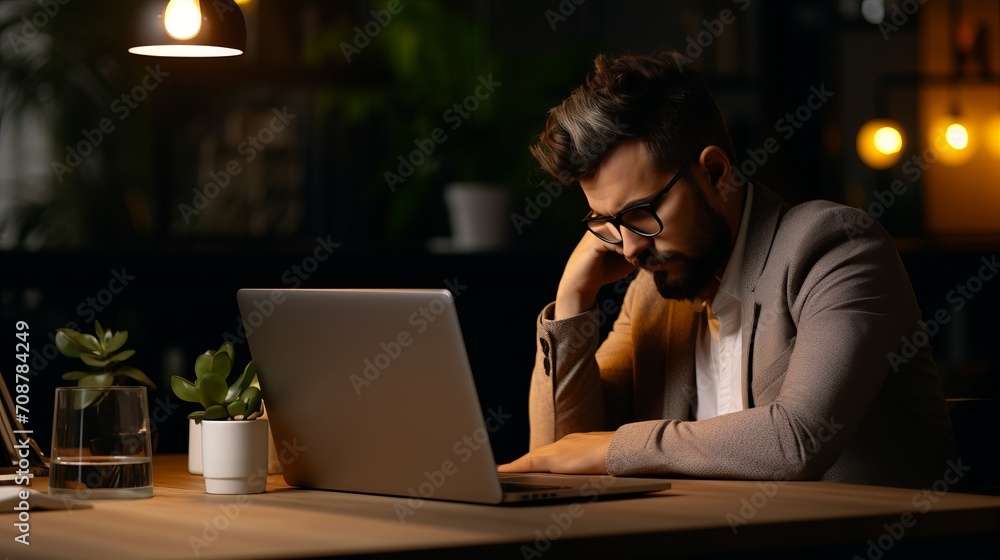 Exhausted office worker seeking respite from laptop work, experiencing headache, yearning for rest Exhausted office worker seeking respite from laptop work, experiencing headache, yearning for rest