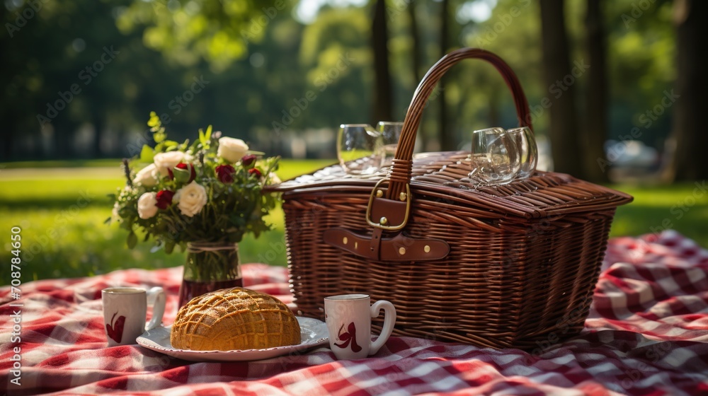 A picnic in the park with a basket full of food and drinks A picnic in the park with a basket full of food and drinks