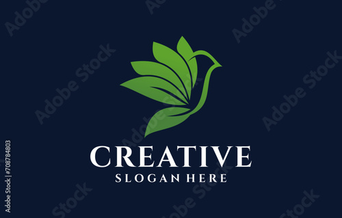 combination of colibri with negative space leaf logo design
