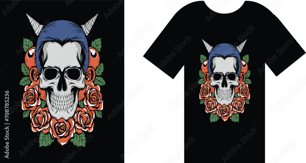 T-shirt design concept, Black t-shirt adorned with a skull and roses, Creating a striking and edgy design T-shirt design concept, Black t-shirt adorned with a skull and roses, Creating a striking and edgy design