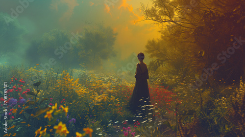 Silhouette of a person in a field, Impressionist scene