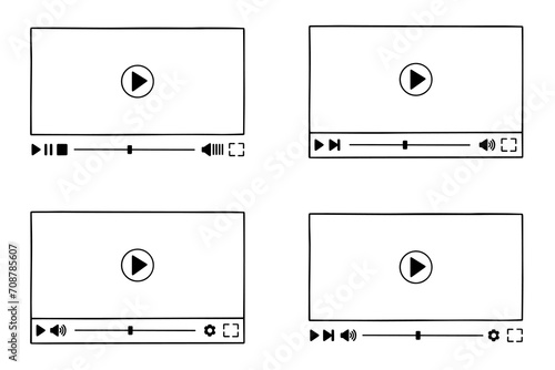 Multimedia video player template doodle set. Play video online window with play button, loading slider bar in sketch style. Hand drawn vector illustration isolated on white background.