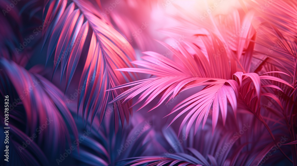 Creative fluorescent color layout made of tropical leaves, neon colors. Nature concept. Minimal summer abstract jungle or forest pattern. - obrazy, fototapety, plakaty 
