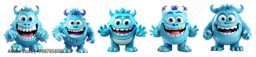 Cute blue monsters collection  cartoon style. On Transparent background