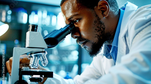 scientist looking through microscope photo