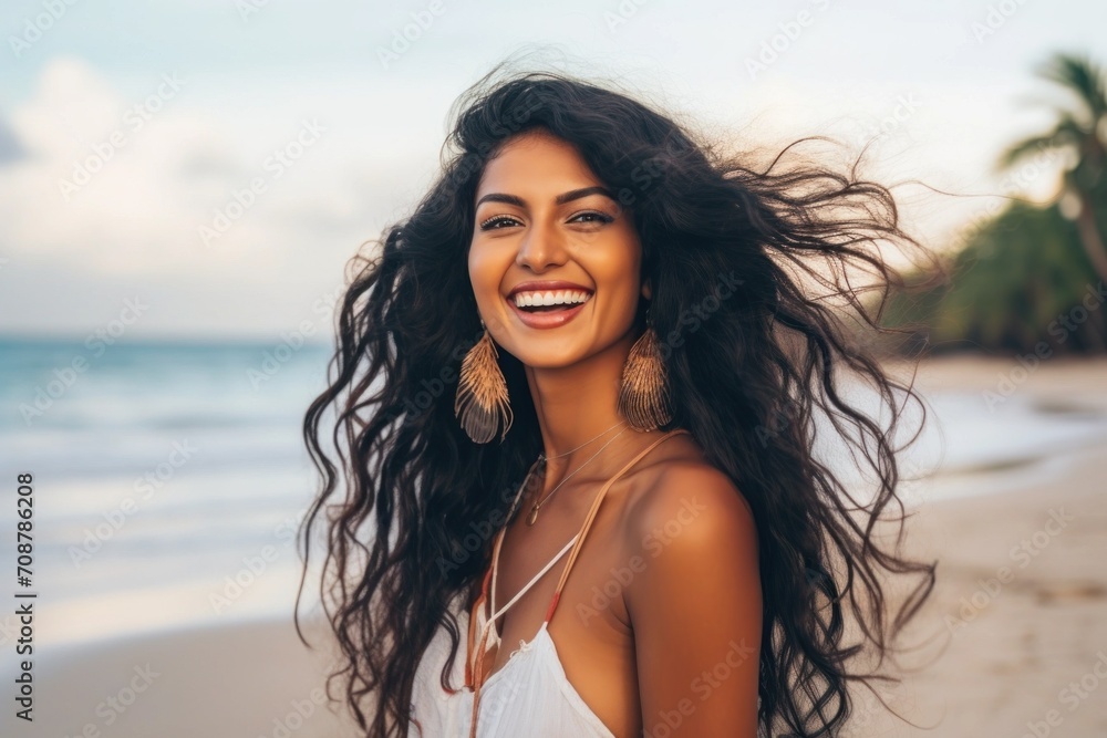 Indian woman smiling happy on tropical beach Indian woman smiling happy on tropical beach