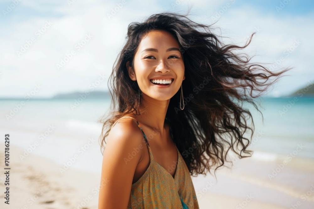 Asian woman smiling happy on tropical beach Asian woman smiling happy on tropical beach