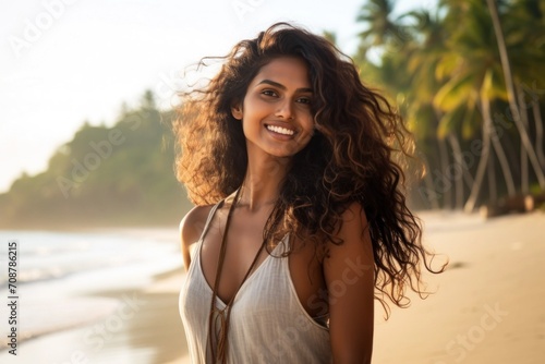 Indian woman smiling happy on tropical beach