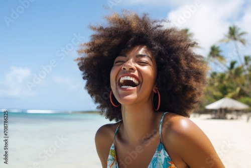 Black woman smiling happy on tropical beach © blvdone