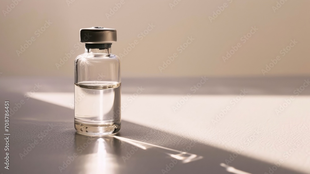 Glass vial with clear fluid and black cap on a bright surface Glass vial with clear fluid and black cap on a bright surface