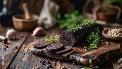 Blood sausage on a wooden surface with garlic and fresh herbs © Artyom