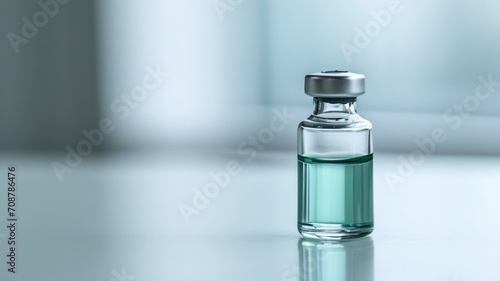 A clear glass vial with a greenish liquid and a metal cap photo