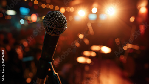 Close-up of a microphone on a stand, with a bokeh of stage lights