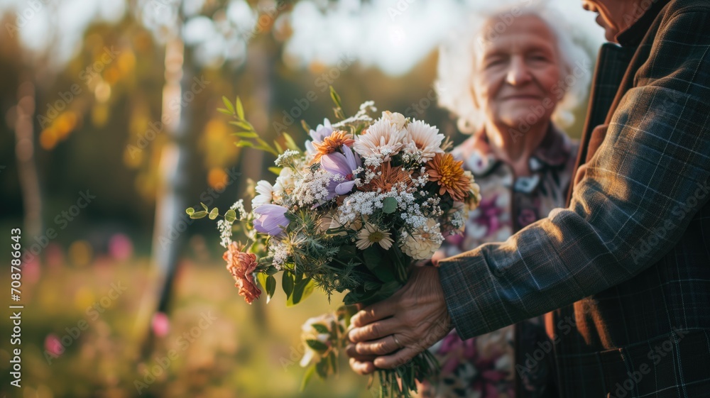 Senior couple holding a lush bouquet outdoors
