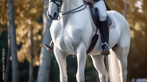 A rider in leather boots sits on a white horse in the saddle. Sports equipment and stirrups.