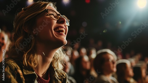 Smiling woman with glasses enjoying a show, lights in background