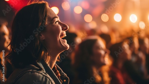Woman laughing joyfully at a concert, surrounded by lights