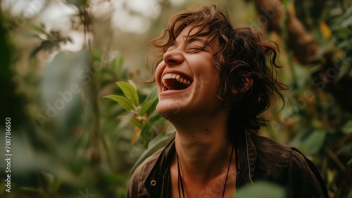Person in a natural setting laughing with eyes closed