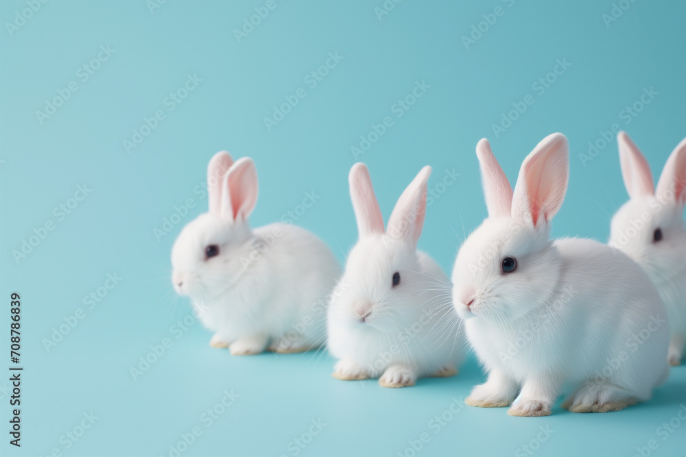 Some baby rabbits on blue background, 3D render, easter, wallpaper, background Some baby rabbits on blue background, 3D render, easter, wallpaper, background