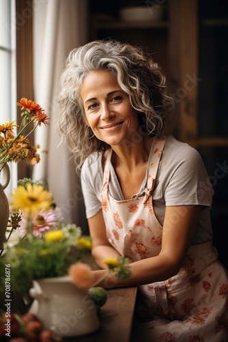 Portrait of a smiling middle-aged woman in an apron standing in a flower shop © duyina1990