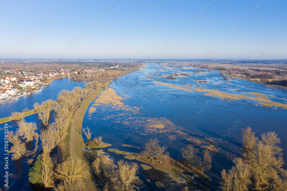 River Landscape under Water, flooded River Landscape, Aerial View, Oder, Germany, Poland, Border, Europe