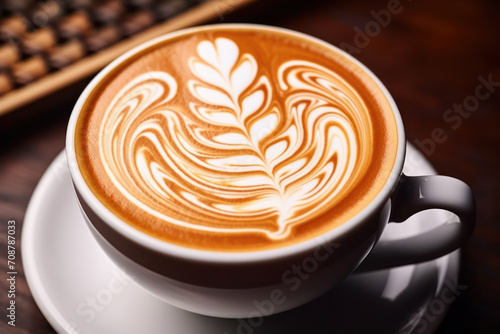 Caffeine Indulgence: Aromatic Latte Art on a Wooden Table, Café Morning Bliss