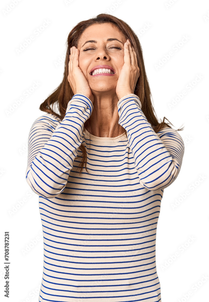 Middle-aged woman portrait in studio setting whining and crying disconsolately. Middle-aged woman portrait in studio setting whining and crying disconsolately.