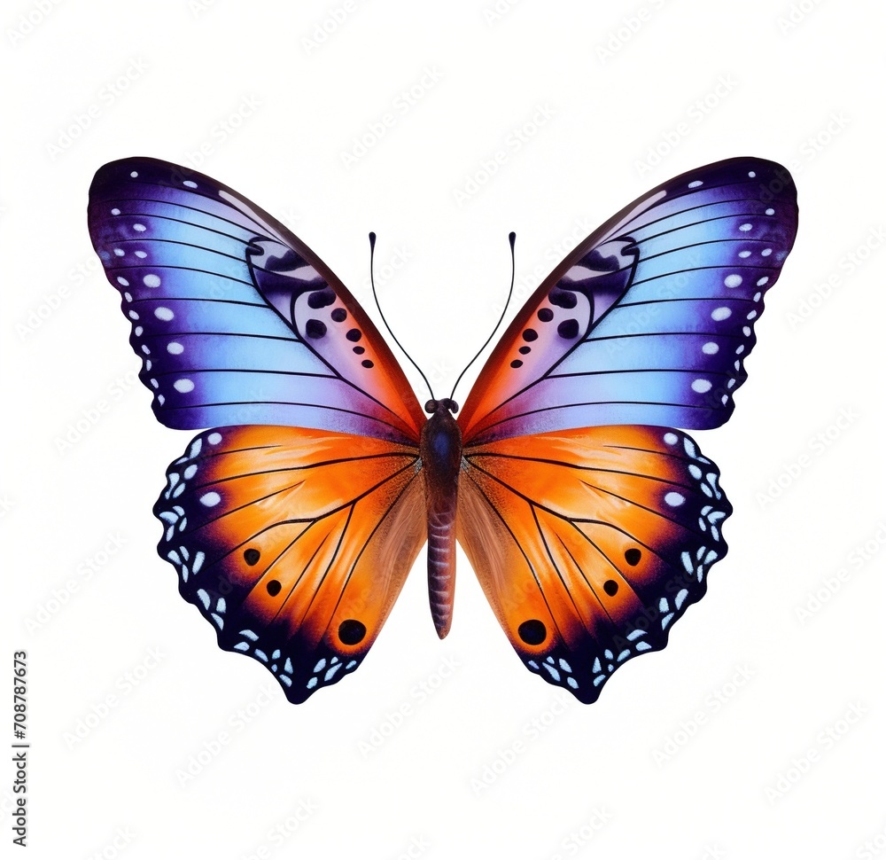 A blue and orange butterfly with black and white spots on its wings A blue and orange butterfly with black and white spots on its wings