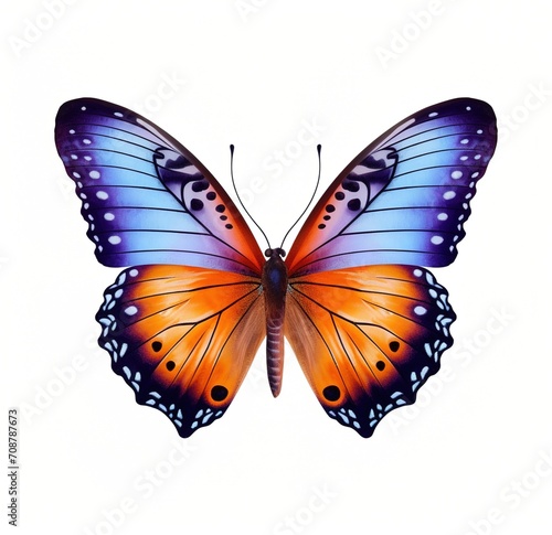 A blue and orange butterfly with black and white spots on its wings © duyina1990