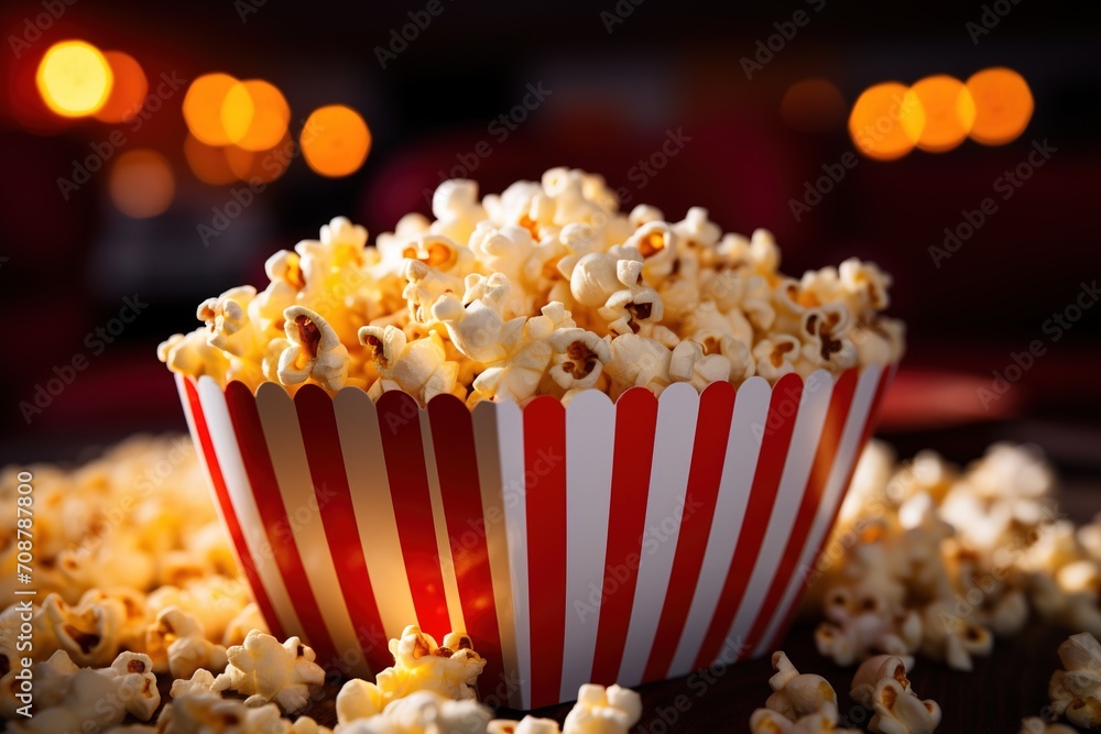 A red and white striped popcorn container with a lot of popcorn in it A red and white striped popcorn container with a lot of popcorn in it