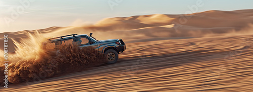 4x4 off-road vehicle speeds through the desert through sand dunes with copy space