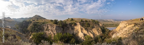 Panoramic View Over the Little Missouri River on a Smoky Autumn Day in Theodore Roosevelt National Park, Medora, North Dakota